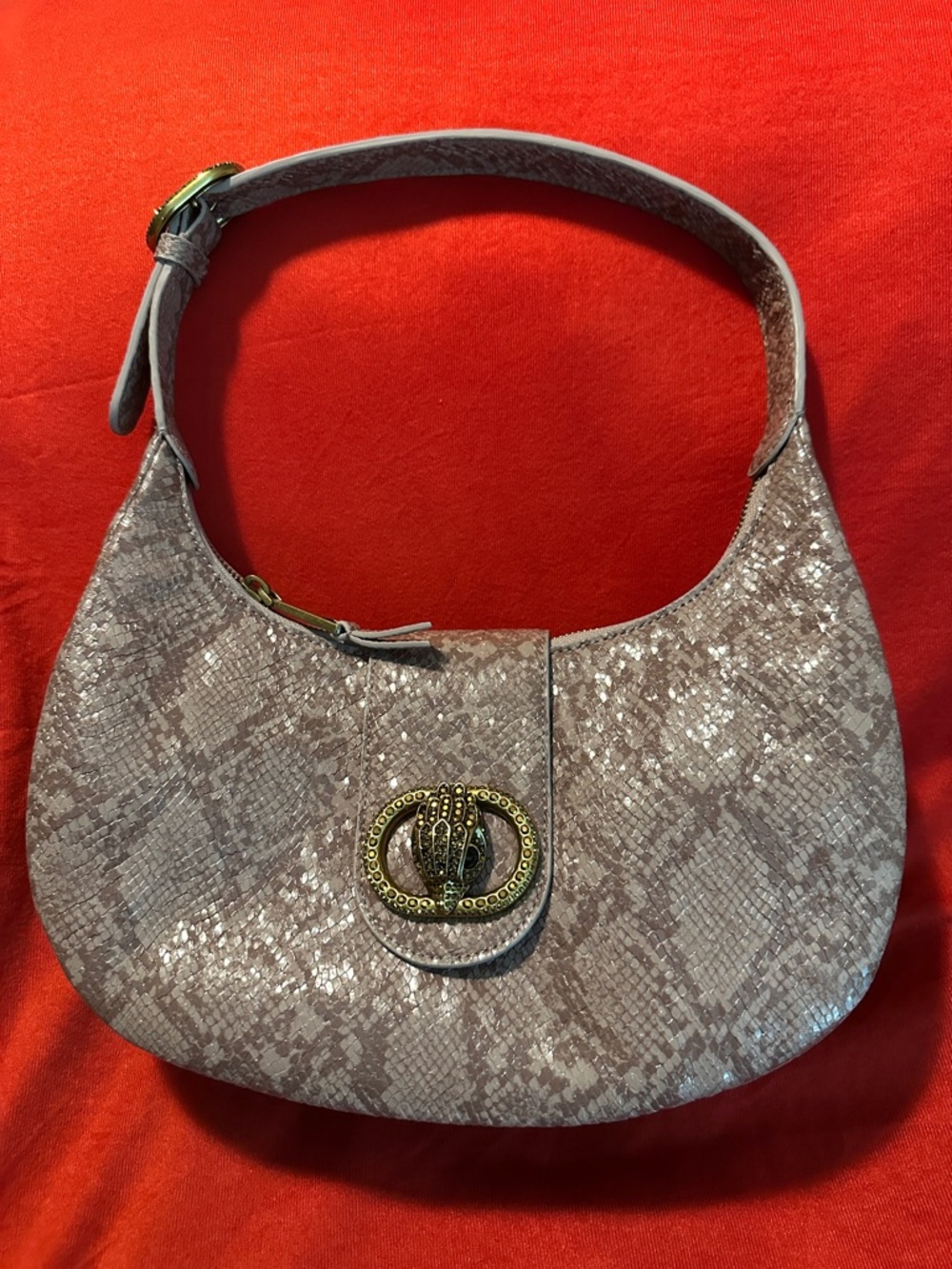 Kurt Geiger Taupe Snake-Print Shoulder Bag with Antique-Gold Clasp